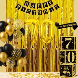 70th Birthday Decorations for Men Women, 50pcs Black and Gold Party Decorations with 70 Year Old Balloons Boxes, Happy Birthday Black Gold Banner and Sash, Fringe Curtains Party Decor