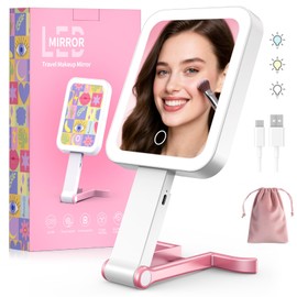Fshyos Travel Makeup Mirror with Lights 10X/1X Double-Sided Magnifying LED Beauty Mirror Rechargeable Portable Vanity Mirror with 3 Color Lighting Smart Touch Dimming Desktop Handheld Hanging Pink