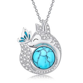 VENACOLY Fox Necklace Sterling Silver Turquoise Fox Butterfly Pendant Animal Jewelry Gifts For Women Girl