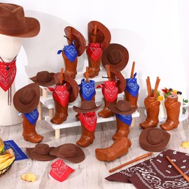 Xtinmee 72 Pcs Cowboy Party Favor Cowboy Boot Cups with Mini Cowboy Hats Paisley Bandanas Set for Western Cowboy Birthday Party