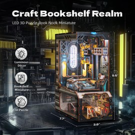 FUNPOLA 3D Wood Puzzle Book Nook Kit, Automobile Workshop Miniature Bookshelf Insert Décor with LED Lights, DIY Mechanical Model for Display, Unique Craft for Adults and Teens (Automobile Workshop)
