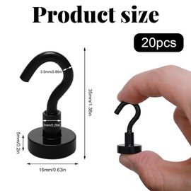 Orchideeknc 20 PCS Magnetic Hooks Load Capacity 8KG/17.6LBS, Neodymium Strong Magnet Hooks, 16mm Black Magnetic Hooks for Fridge