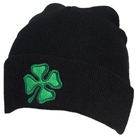 Best Winter Hats Adult Embroidered Green Shamrock 4 Leaf Clover Beanie - Black