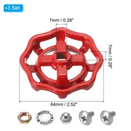 PATIKIL Outside Faucet Handle Square Stem Hole 7x7mm, Cast Steel Round Wheel Faucet Handles Replacement Water Spigot Handle with Screws Spacer, Red, 3Pcs