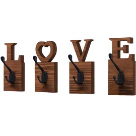 Rustic Coat Hooks for Hanging Keys, Hats or Bathroom Towels – Set of 4 Wall Mounted Wooden Hangers for Entryway, Modern Farmhouse Industrial Black Metal & Wood Home Décor, LOVE Sign Wedding Gift