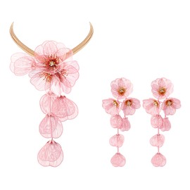 BriLove Strand Statement Flower Necklace for Women, Shiny Chic Floral Collar Bib Necklaces Dangle Earrings Jewelry Summer Beach Holiday Costume Prom Pink