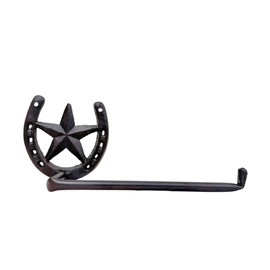 Rustic Metal Wall Mounted Toilet Paper Holder – Western Star and Horseshoe Decorative Bathroom Tissue Roll Dispenser – Farmhouse Cowboy Decor for Rustic or Western Restrooms