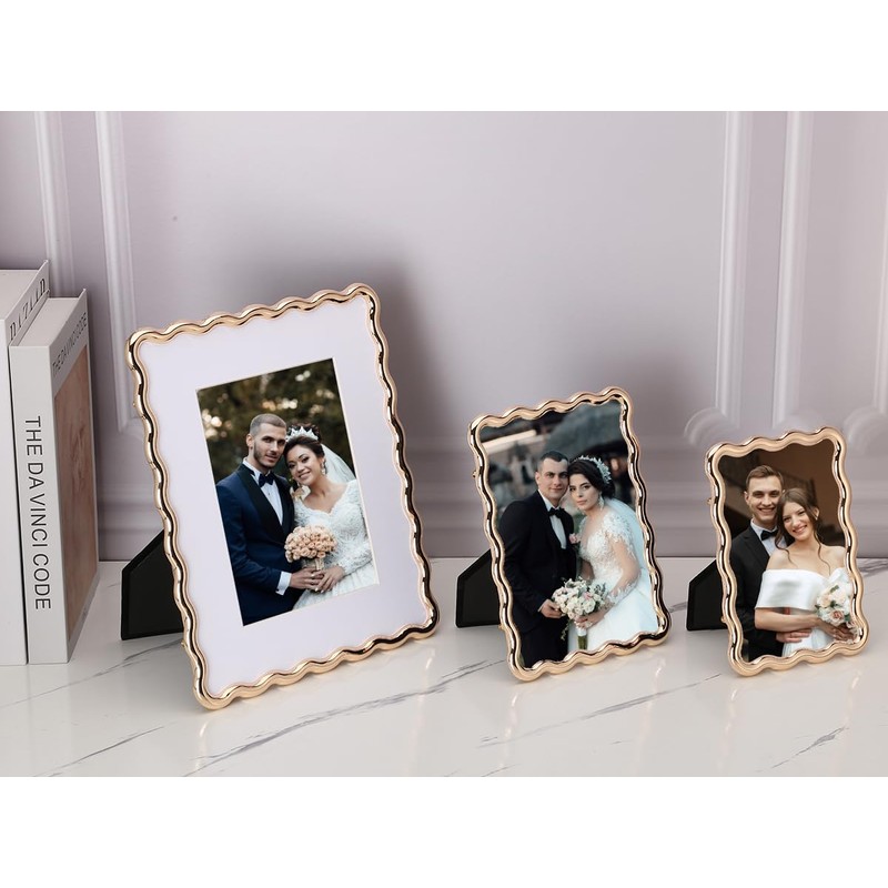 High-End Gold 5x5'' Round Zinc Alloy Picture Frames,Unique Wave Design,Heavy