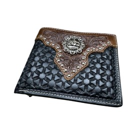 Western Stakes Men’s Leather Wallet – Cowboy Praying at Cross Concho with Diamond & Floral Tooled Pattern – Two-Tone Western Faith Wallet for Ranchers & Gift Ideas