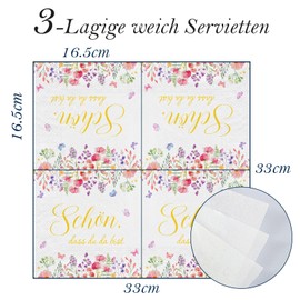 WenmthG Pack of 40 Serviettes Wedding Schön Dass Du Da Bist 33 x 33 cm - 40 Napkins 3-Ply Soft with Flower Motif - Table Decoration for Wedding, Spring, Christening, Summer