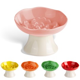 Ceramic Slow Feeder Bowl for Cats and Small Dogs, Elevated Tilted Pet Food Dish, Whisker Friendly Anti-Vomit Design, Heavy Stable Base, Dishwasher Safe， 5 Colors Options (Blush Pink)