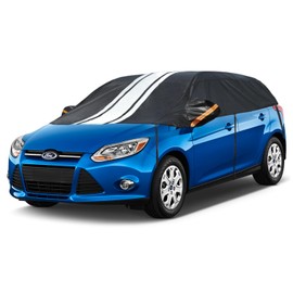 Universal Half Car Cover for Hatchback, Windshield Cover for Ice and Snow，Roof Cover Waterproof All Weather Dustproof,Outdoor Indoor All Season Sun, Rain, UV Protection.Front Rear Window Cover.2L