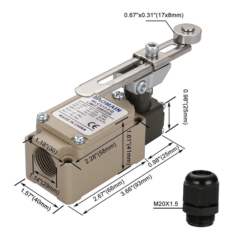 Baomain Adjustable Rotary Roller Lever Limit Switch WLCA12-2-Q Momentary 380V