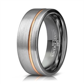 Men's Brushed Silver Tungsten Carbide Wedding Band - Premium Grade Wedding Ring with Gold Inlay- Includes Silicon Band, Leather Drawstring Pouch, & Premium Finished Walnut Ring Box (Size 10.5)