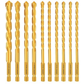 JOERIC Titanium Plating Masonry Drill Bit Set, 10PC Concrete Drill Bit Set for Ceramic Brick Drill Bit Industrial Cemented Carbide Tip YG6X, Hex Shank for Glass, Soft Ceramic Tile, Mirror, Plastic with size 4mm 5mm 6mm 8mm 10mm 12mm
