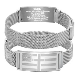 Alissl American Flag Cross Bracelet for Men: Stainless Steel, Christian Bible Verse Bracelets Catholic Jewelry Gifts (Isaiah 41:10B Silver), One size fits all, Isaiah 41:10B, no gemstone