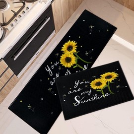 Tayney Sunflower Kitchen Rugs and Mats Non Skid Washable Set of 2, You are My Sunshine Kitchen Mats for Floor, Cute Yellow Flower Bee Kitchen Runner Rug, Black Background Kitchen Decor