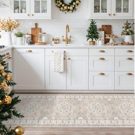 Hallway Washable Runner Rug - 2x10 Kitchen Rugs Entryway Rug Runner Vintage Soft Floor Mat Non Slip Indoor Farmhouse Carpet for Bathroom Living Room Bedroom (2 X 10, Beige)