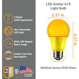 Diodesy- A19 LED Yellow Light Bulbs 3W (25W Equivalent) E26 Medium Base 70 Lumens Non-Dimmable Colored Bulb UL Listed for Holiday Porch Bedroom & Decorative Home Lighting (Damp Rated) Pack of 3