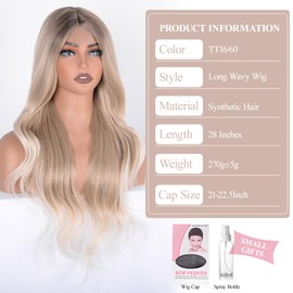 Long Curly Wigs for Women 28 Inch Small Lace Middle Part Resistant Fiber Synthetic Hair Replacement Wigs with Natural Curls Long Wavy Wig for Daily Party Use All Occasions (TT16/60, 28 Inch)