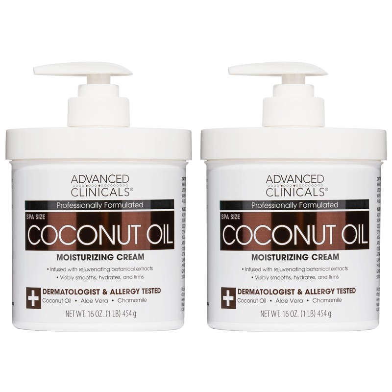 Advanced Clinicals Coconut Oil Cream. Two Spa Size 16oz Moisturizing