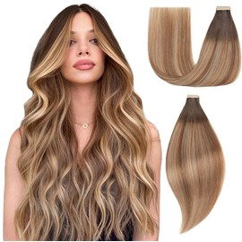 EINbeauty Tape Extensions Real Hair 20 Pieces Extensions Real Hair 40 cm 40 g Dark Brown with Chestnut Brown with Ash Blonde Tape-In Extensions Real Hair Invisible Real Hair Extensions for Women (16