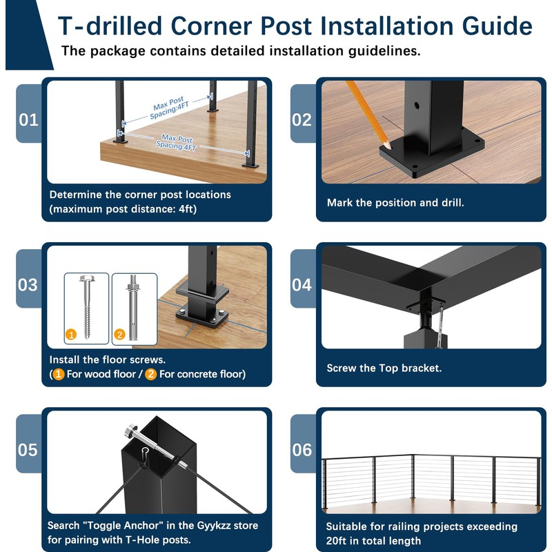 Gyykzz 36" T-drilled Cable Railing Corner Post, 90 Degree Three