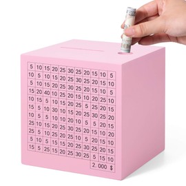 LMSNE Wooden Challenge Money Box, Cash Vault Wood Savings Box with Dollar Goals, Piggy Bank for Adults, Kids, Boys, Girls (Pink, 4.5 Inches)