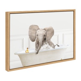 Kate and Laurel Sylvie Baby Elephant No4 In Bubble Bath Neutral Style Framed Canvas Wall Art by Amy Peterson Art Studio, 18x24 Natural, Chic Animal Art Bathroom Wall Décor