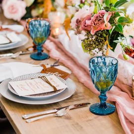 48 Pack Vintage Wine Glasses, Plastic Reusable 12 Ounce Colored Water Goblets, Unique Embossed Pattern Unbreakable Stemmed Wine Glasses High Clear Wedding Party Bar Drinking Cups Blue