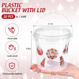 PerKoop 20 Pcs 32 oz Ice Cream Buckets with Lids and Handles Clear Cocktail Rum Buckets with Stickers Plastic Transparent Tub Reusable Food Storage Containers for Parties(Xmas)