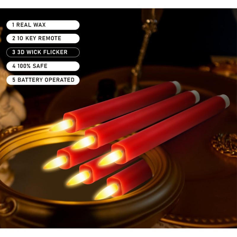 KSWING Upgraded Real Wax LED Flameless Red Taper Candles with