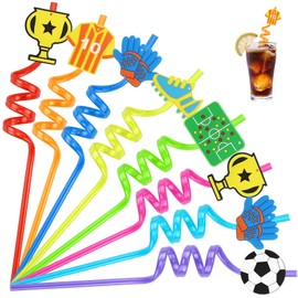 Cocktail Straws Plastic Thick Plastic Straws with Kink Pack of 16 Drinking Tubes Reusable Straws Football Party Decoration Straws Plastic for Children Adults (Football)