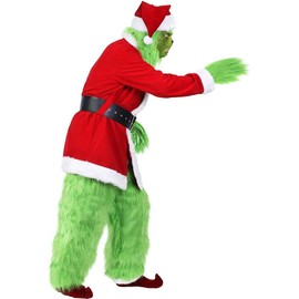 Christmas Costume for Men, Green Big Monster Adult 7PCS Deluxe Santa Suit Furry Cosplay Outfit, Xmas (S/M)