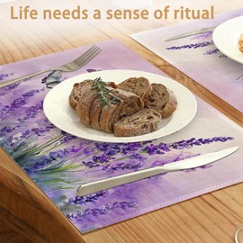 Placemats Set of 6,Purple Lavender Table Mats,Butterfly Washable Linen Table Mats,Non-Slip Heat Resistant Placemats for Party Kitchen Dining Indoor Outdoor 12"x18"