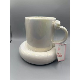 Target Bullseye Playground White Iridescent Mug With Bow Handle And Coaster NEW