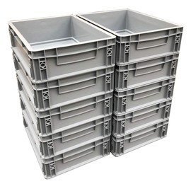 10 x 10 Litre Heavy Duty Plastic Stacking Euro Storage Containers Boxes Crates GREY (Pack of 10)