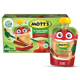 Mott's No Sugar Added Cinnamon Applesauce, 3.2 Oz Clear Pouches, 48 Count (4 Packs Of 12), Good Source Of Vitamin C, No Artificial Flavors
