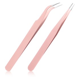 Oruola 2pcs Sticker Tweezers,Eyelash Tweezers for Lash Extensions,Stainless Steel Lash Cluster Tweezers,Straight and Curved Tip Tweezers for Crafting,Eyelash Extensions and Nail Art Sticker,Pink