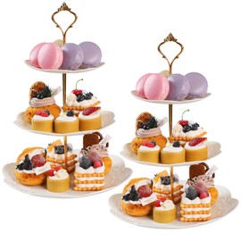 Barelove Soporte de plástico de 3 niveles, bandeja de servir escalonada para tartas, paquete de 2 soportes de plástico para postres, pasteles, dulces, torre para bodas, cumpleaños, fiestas de té, decoración de baby shower (redondo, blanco)