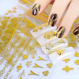 30 Sheets Gold Nail Art Stickers, Holographic Flowers Leaf Butterfly Lace Nail Art Decals 3D Nail Self-Adhesive Sticker Design for Women Girls Manicure Glitter Decoration, Transfer Decal Nail Art Tips