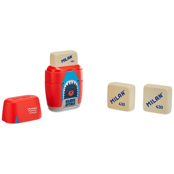 MILAN Blister Blister Pack Shark Attack Compact Sharpener + 2 Spare Rubbers (BYM10435)