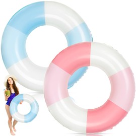 JarThenaAMCS 2Pcs Inflatable Pool Float Retro Pink Blue Striped Swim Rings Swimming Pool Tubes for Adults Teens Summer Beach Bachelorette Party, 30 x 14in