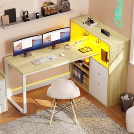 YITAHOME L Shaped Desk with Power Outlets, 55" Computer Desk with Drawers & Bookshelf, Home Office Desk with LED Lights, Corner Desk with File Cabinet, White & Oak