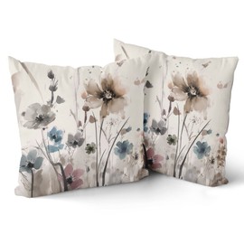 Watercolor Brown Grey Floral Pillow Covers 18x18 Rustic Color Cream Gray Blue Flower Print Decorative Throw Pillows Modern Art Farmhouse Pillowcase Cushion Case Decor for Sofa Couch Bed Set of 2