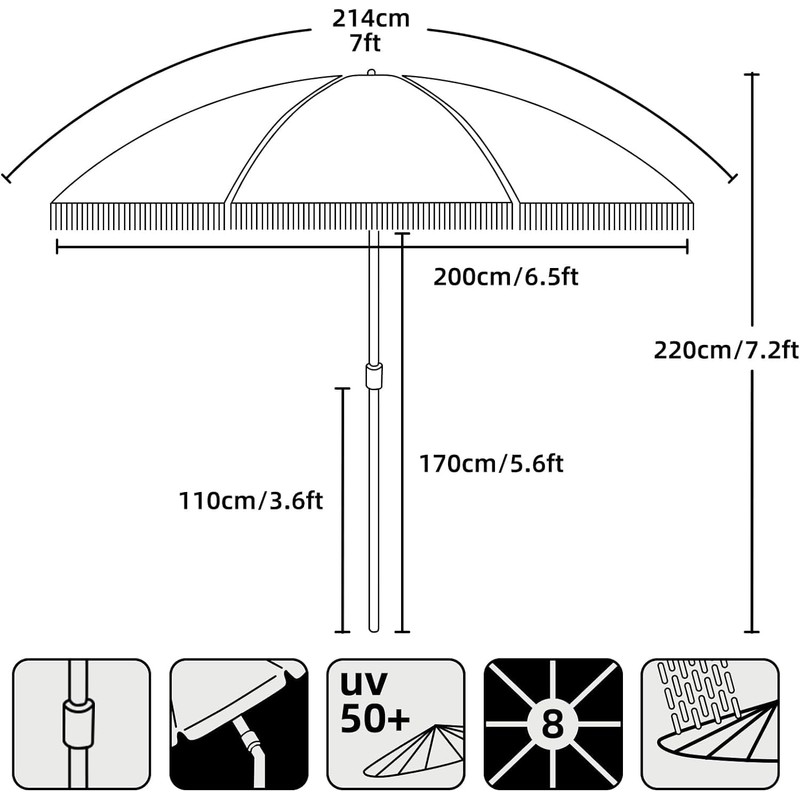 AMMSUN 7ft Patio Umbrella with Fringe Outdoor Tassel Umbrella UPF50+