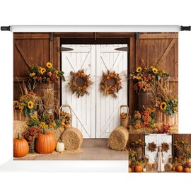Kate Fall Photo Backdrop Haystack Autumn Barn Door Thanksgiving Backdrops Photo Stduio Props, 7x5ft