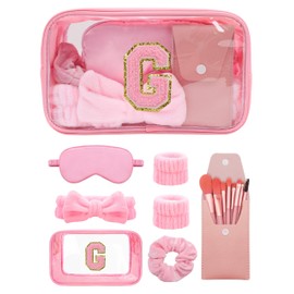 Gift Sets for Women, Initial Makeup Bag with Makeup Brush Set Bachelorette Party Favors, Pink Spa Kit with Skincare Headbands Wrist Bands Sleepover Party Supplies Gifts for Teen Girls Bridesmaid G