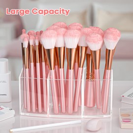 BOCONY Makeup Brush Organizer, Acrylic Clear Makeup Brush Holder with 3 Slots, Makeup Organizer for Vanity Bathroom, Perfect Storage Brushes, Pencils, Pens, and More