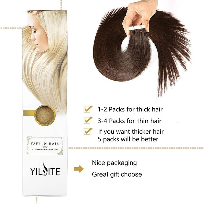 YILITE Tape-In Extensions Real Hair Darkest Brown Straight Invisible Skin